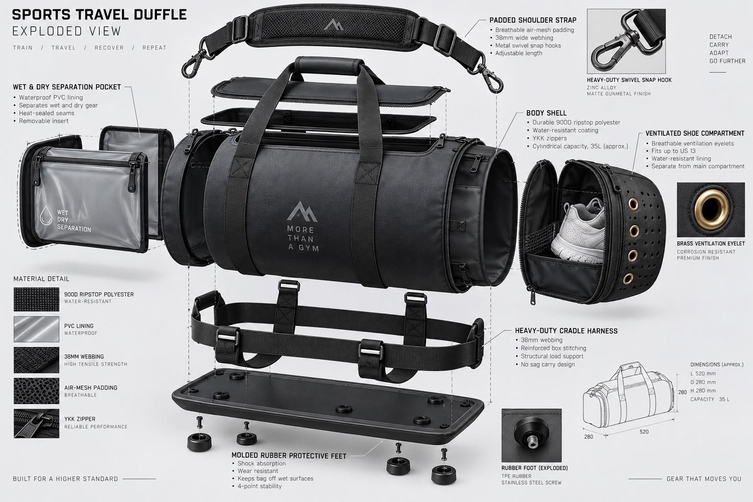 WIDEWAY Duffle Bag Collection 3D Technical Exploded Anatomy Diagram
