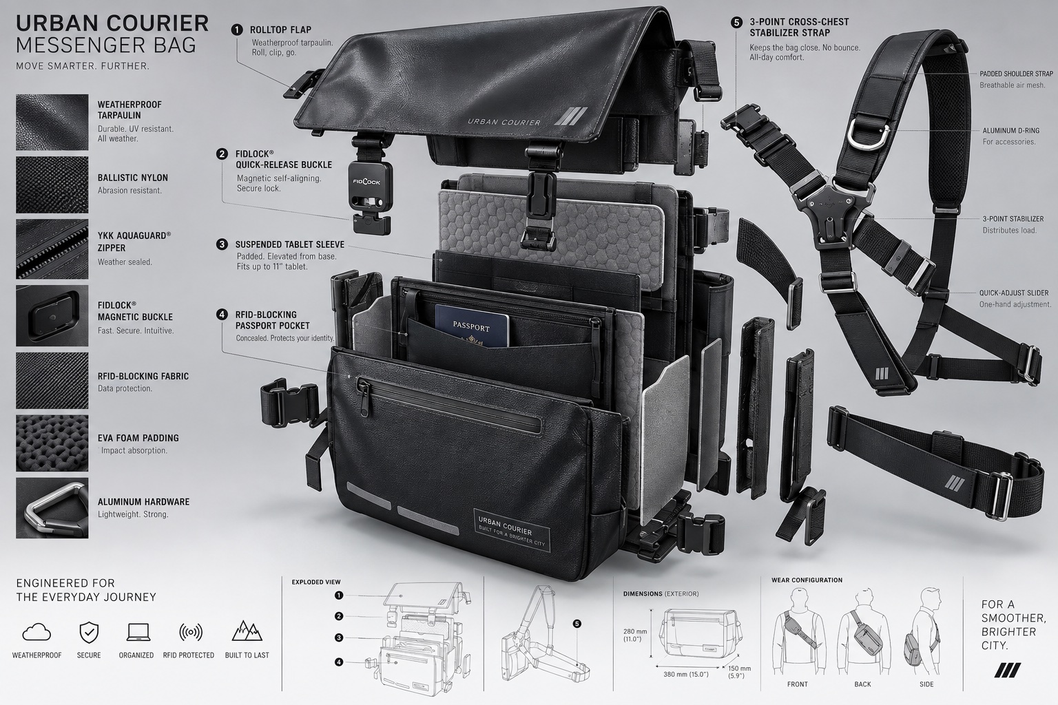 WIDEWAY Messenger Bag Collection 3D Technical Exploded Anatomy Diagram