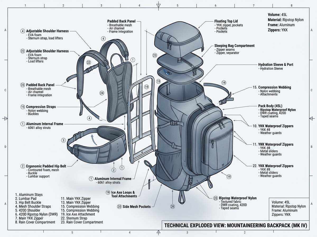 WIDEWAY Technical Outdoor & Hiking Bag Collection 3D Technical Exploded Anatomy Diagram